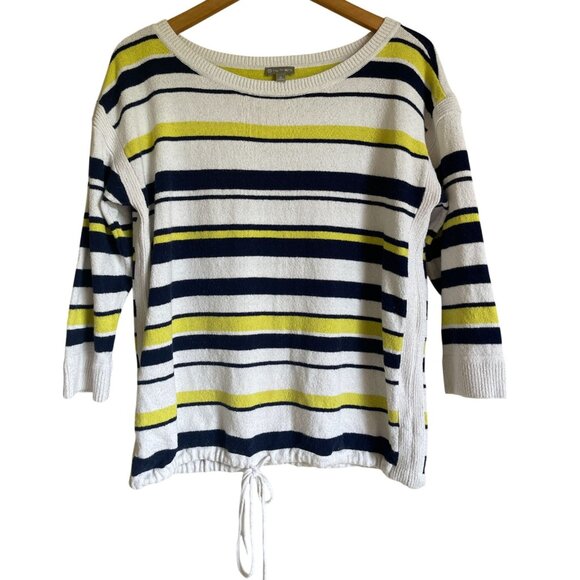T by Talbots Green Blue White Striped Tie Waist 3/4 Sleeve Top Cotton Blend - Picture 1 of 11